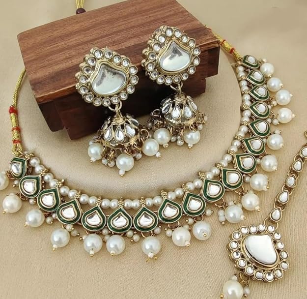 Gold Plated Pearl Beaded Choker Necklace Jewellery Set for Women & Girls